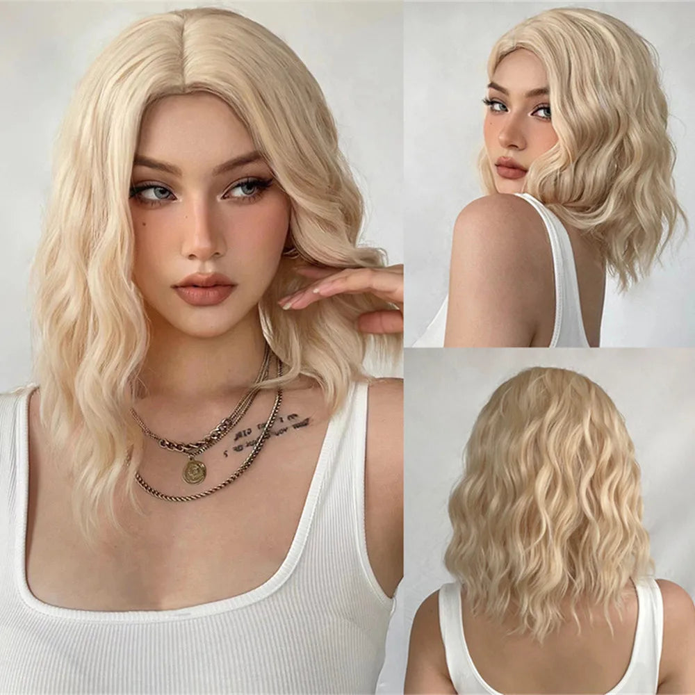 Blonde Natural Dark Brown Medium Length Wavy Synthetic Wigs