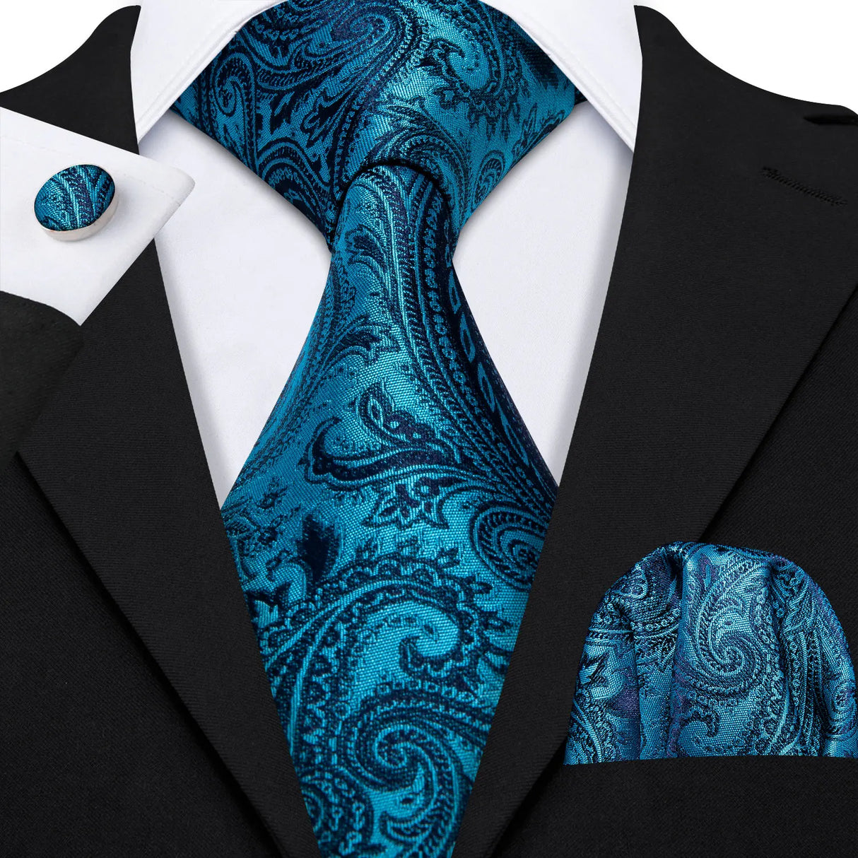 Navy Blue Hanky Cufflinks Silk Tie Set