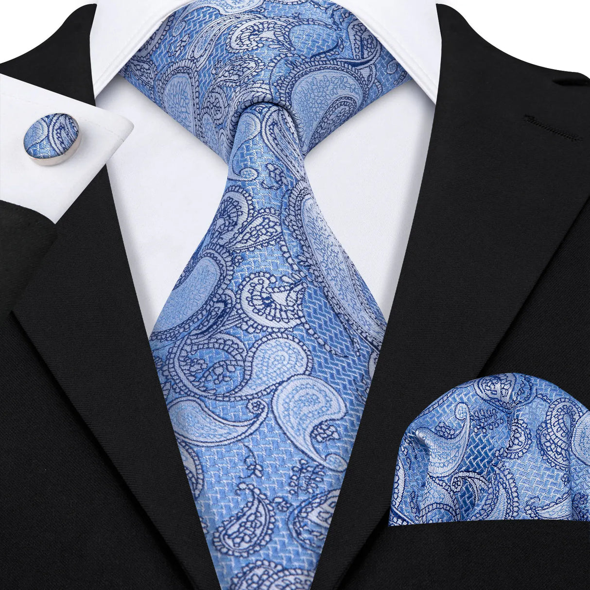 Navy Blue Hanky Cufflinks Silk Tie Set