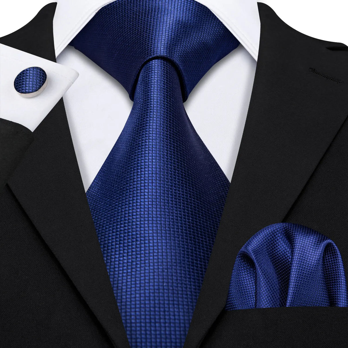 Navy Blue Hanky Cufflinks Silk Tie Set