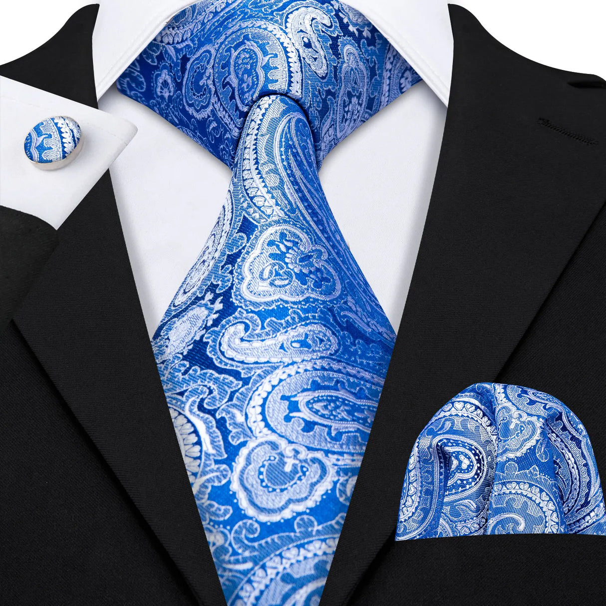 Navy Blue Hanky Cufflinks Silk Tie Set