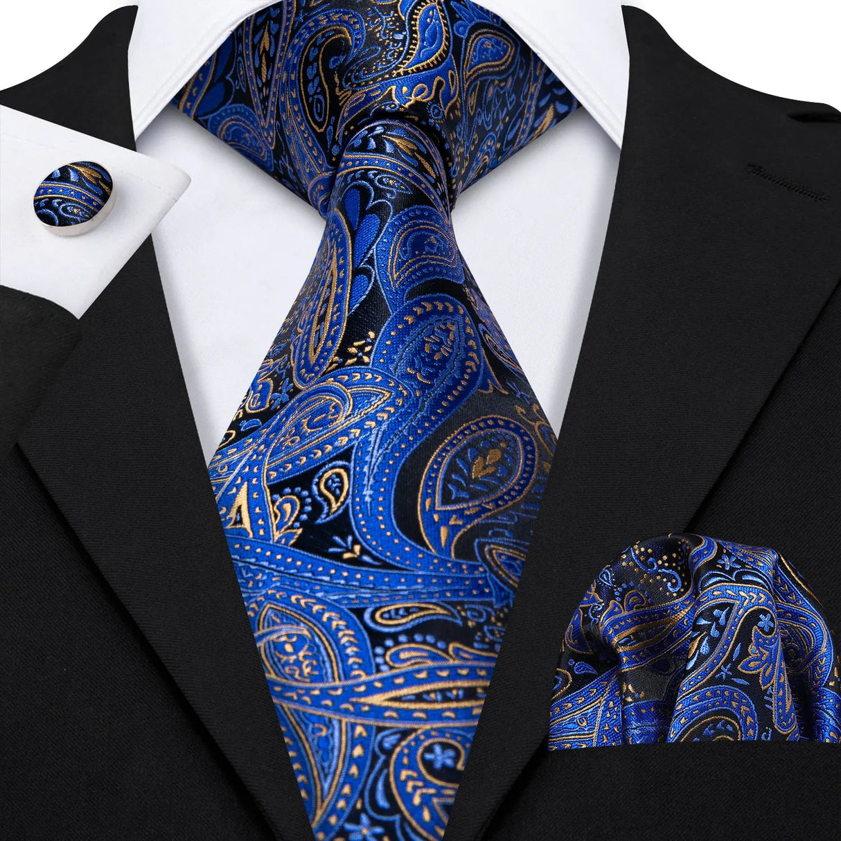 Navy Blue Hanky Cufflinks Silk Tie Set