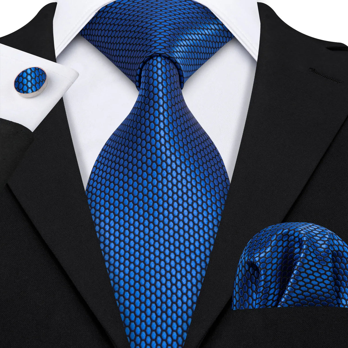 Navy Blue Hanky Cufflinks Silk Tie Set
