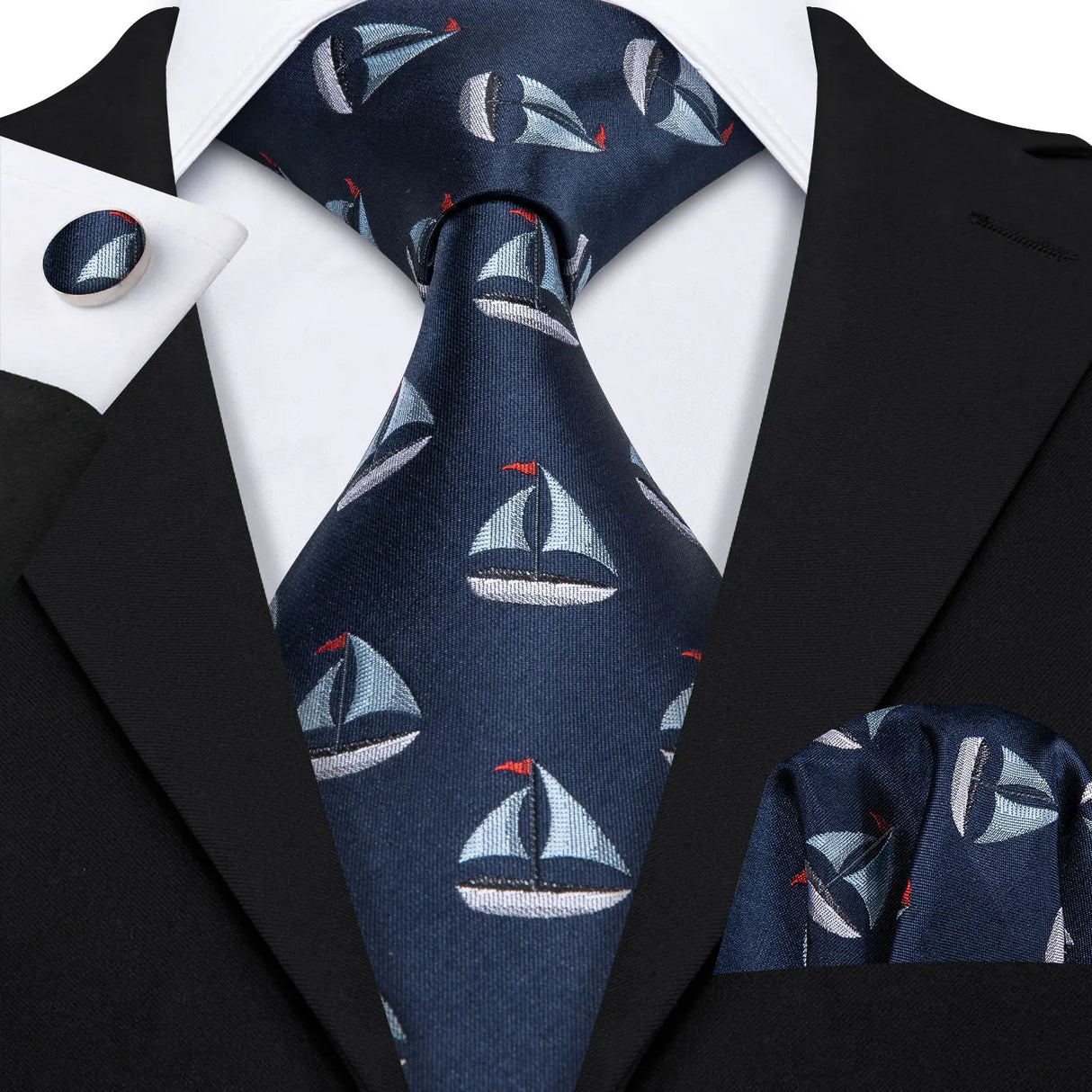 Navy Blue Hanky Cufflinks Silk Tie Set