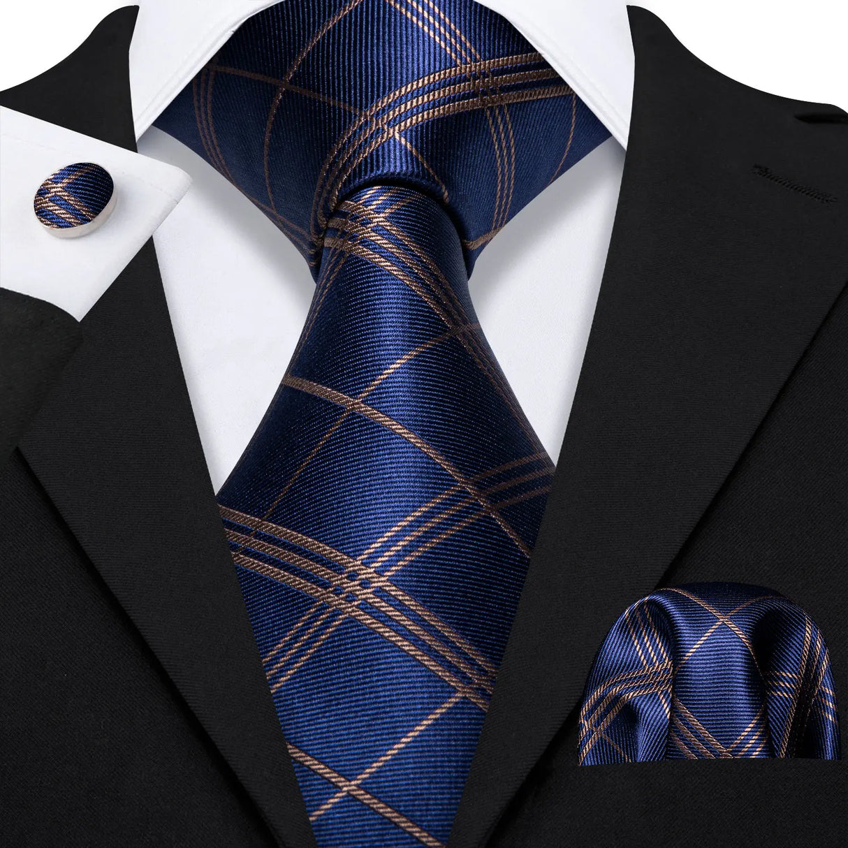 Navy Blue Hanky Cufflinks Silk Tie Set