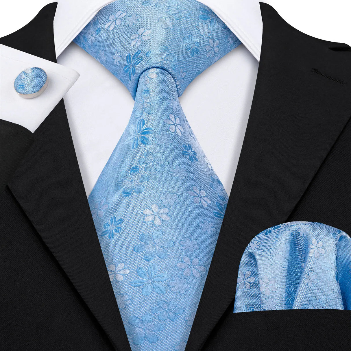 Light Blue Hanky Cufflinks Silk Tie Set
