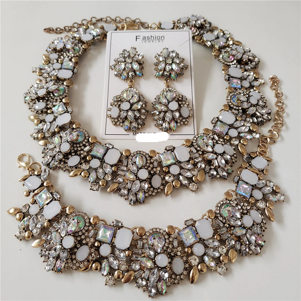 New Crystal Rhinestone Bridal Statement Jewelry Sets White