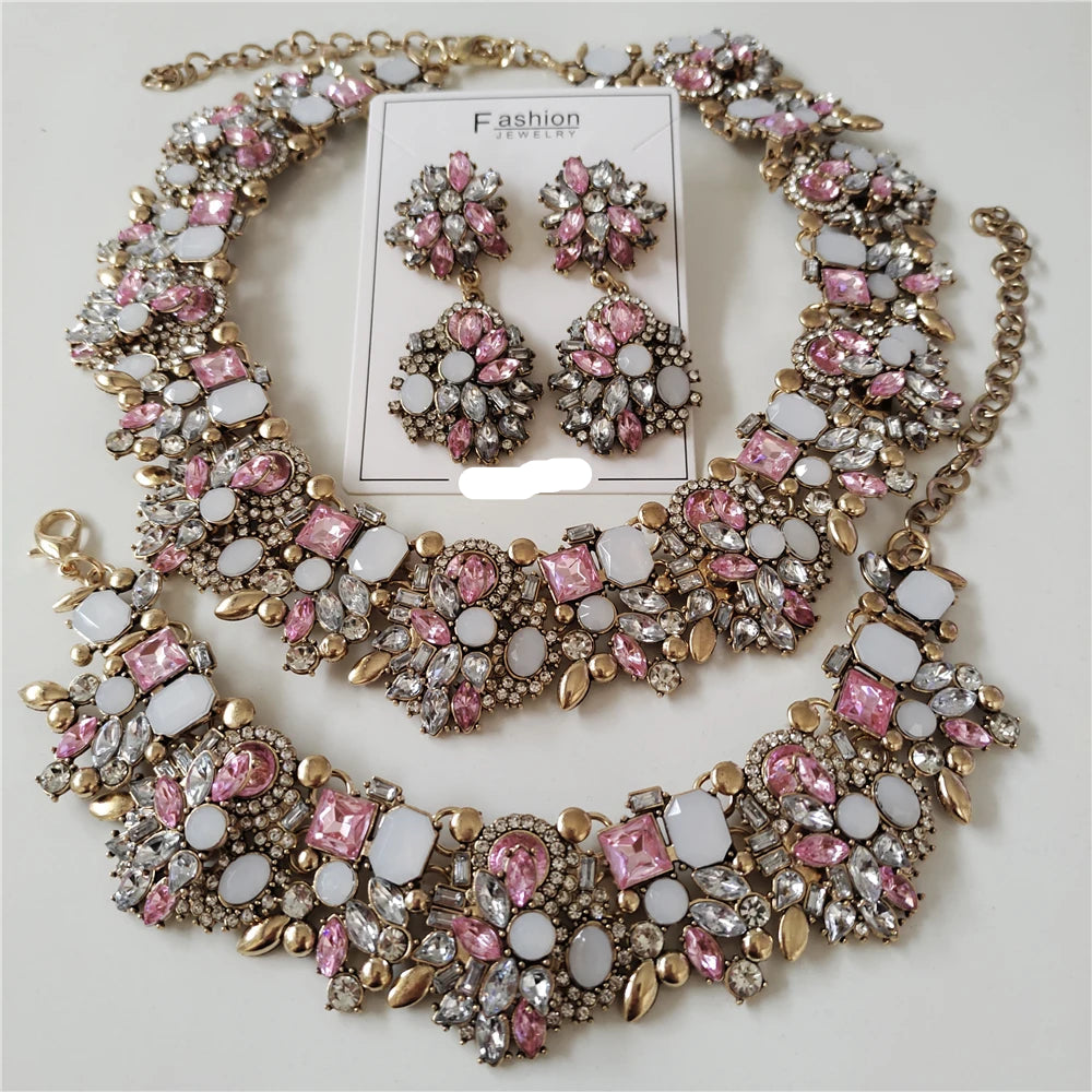 New Crystal Rhinestone Bridal Statement Jewelry Sets pink