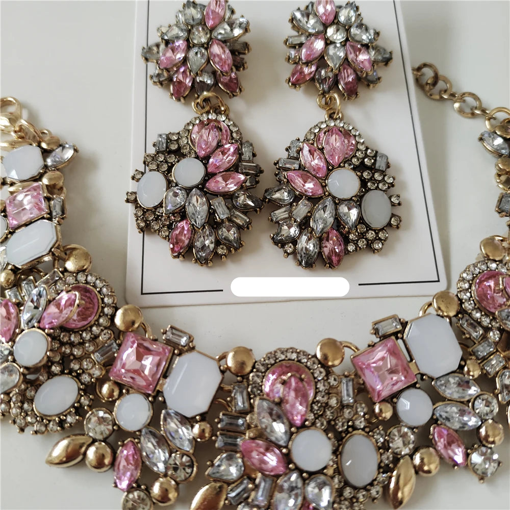 New Crystal Rhinestone Bridal Statement Jewelry Sets pink