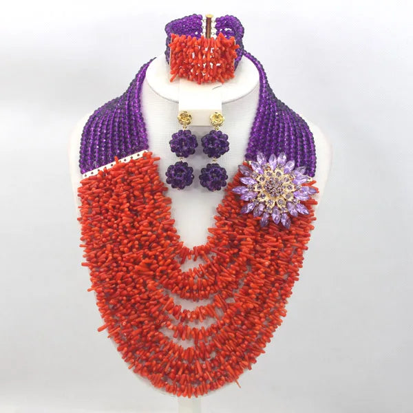 Purple Red Nigerian Coral Beads Jewelry Sets