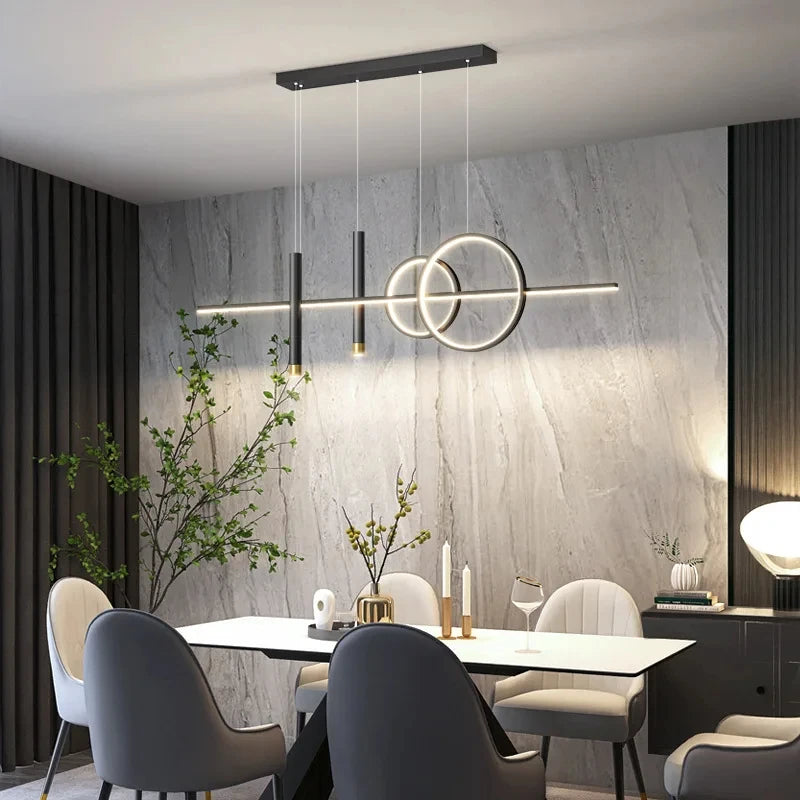Modern Nordic LED pendant lamp hanging above a dining table or bar counter