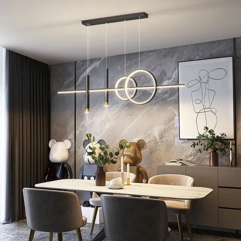 Modern Nordic LED pendant lamp hanging above a dining table or bar counter