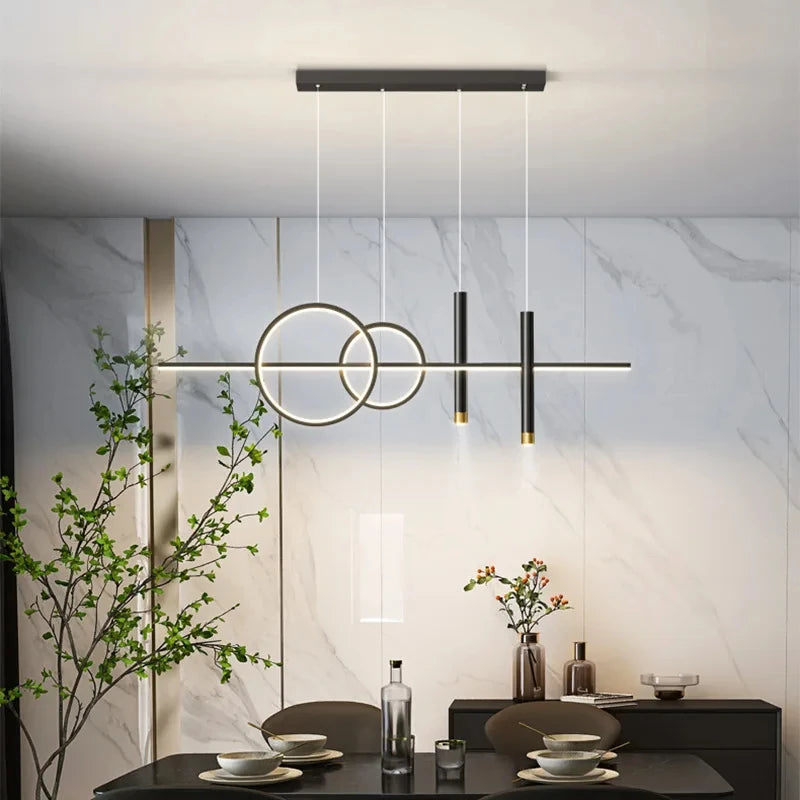 Modern Nordic LED pendant lamp hanging above a dining table or bar counter