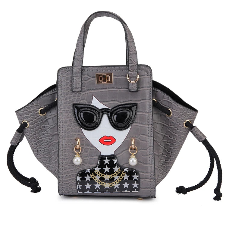 Gray Novelty Lady Face Designer Handbags