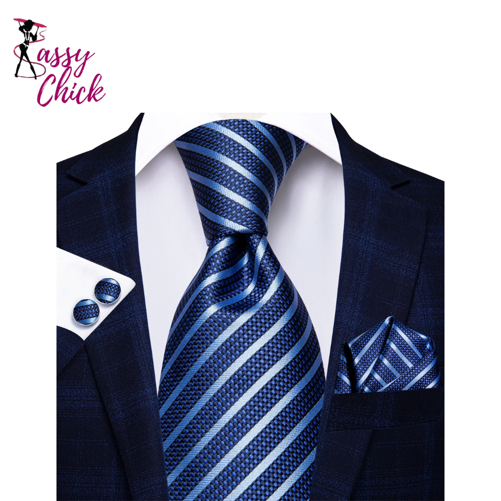 Novelty Light Blue Striped Silk Hanky Cufflinks Tie Sassy Chick Logo