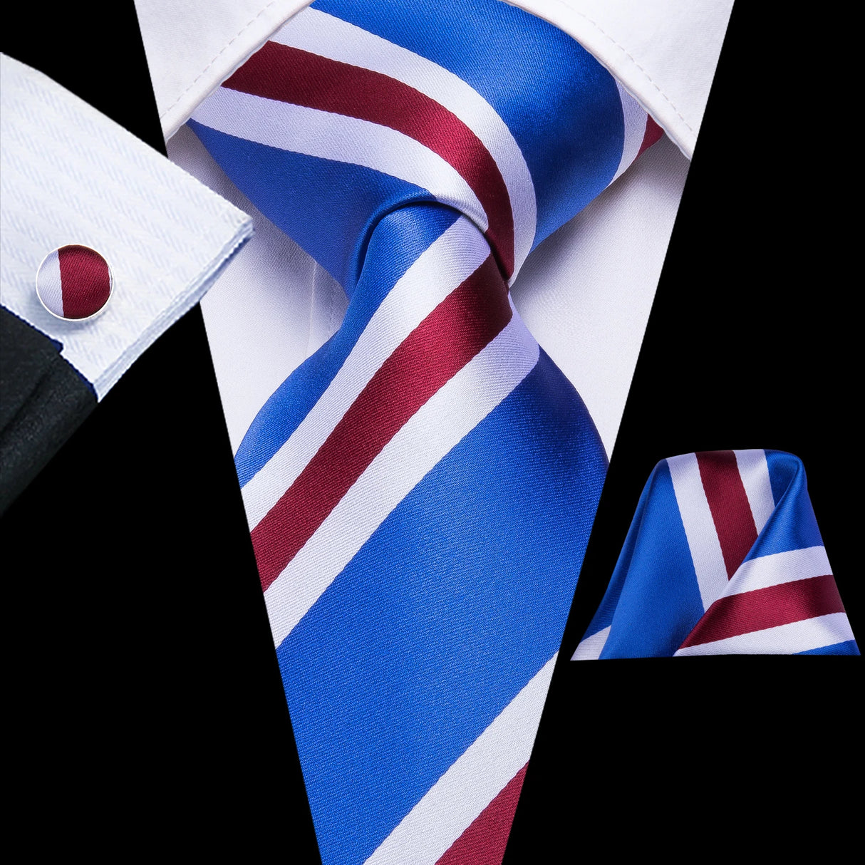 red white Novelty Light Blue Striped Silk Hanky Cufflinks Tie