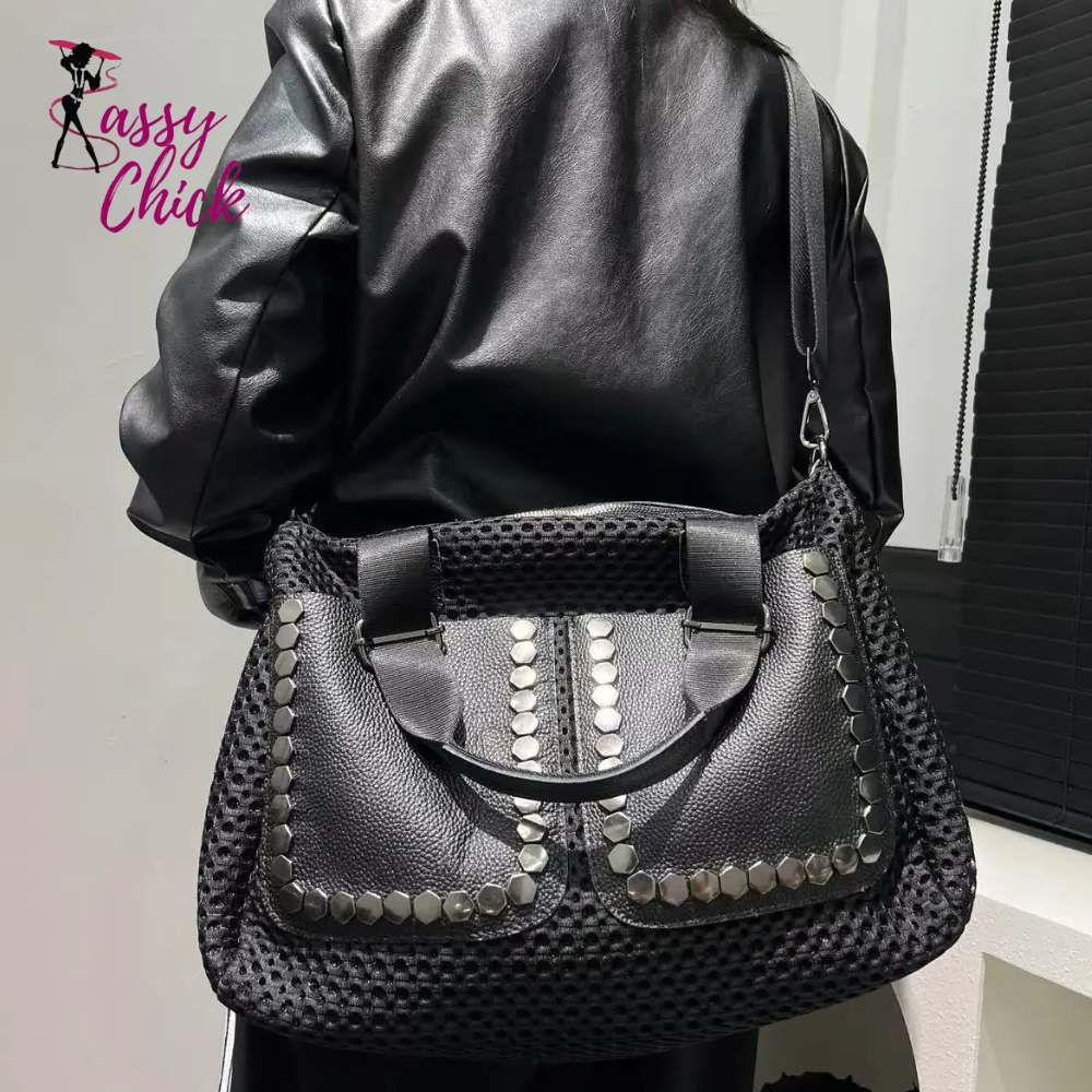 Nylon Mesh Splicing Large Capacity Double sided Shoulder Bag Sassy Chick Logo