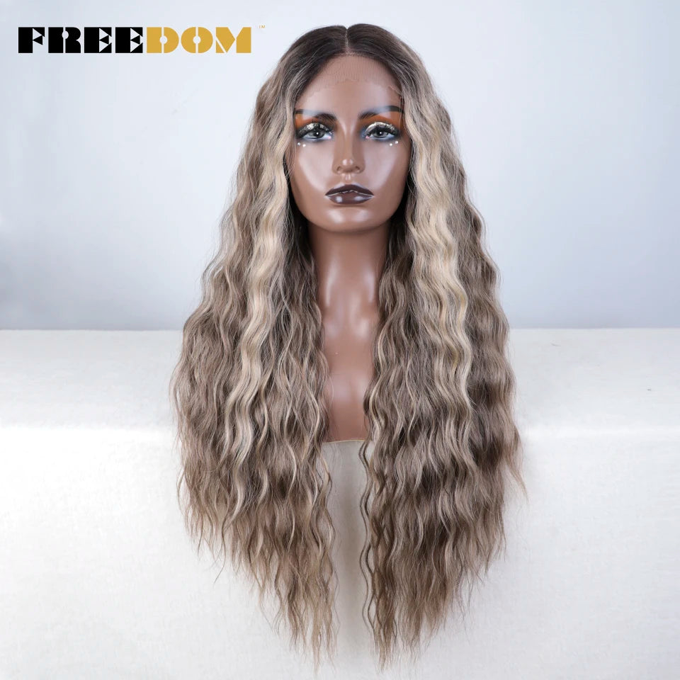 Ash Gray Ombre Blonde Ginger Lace Long Deep Wavy Synthetic Front Wig