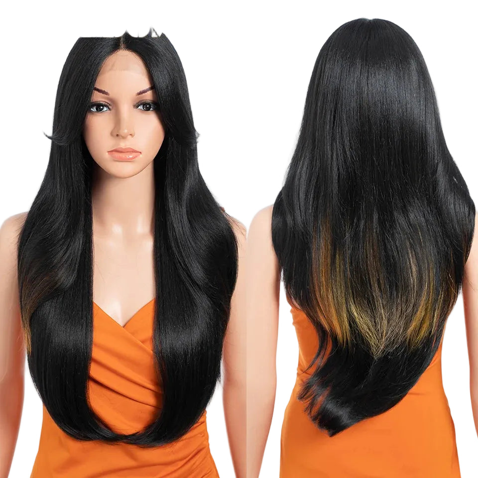 Black Ombre Brown Blonde 26 inches Straight With Bangs Synthetic Lace Wig