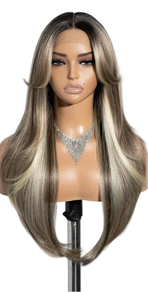 Ombre Brown Blonde 26 inches Straight With Bangs Synthetic Lace Wig