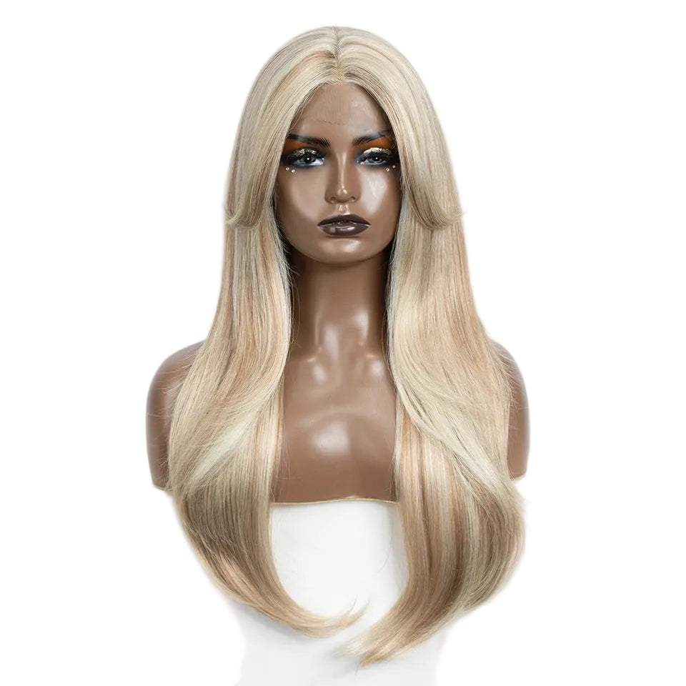 Ombre Brown Blonde 26 inches Straight With Bangs Synthetic Lace Wig