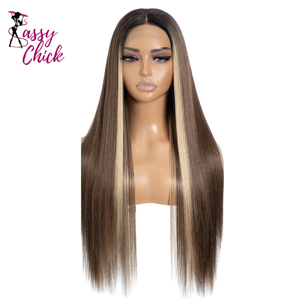 Ombre Brown Highlight Long Straight Synthetic Lace Front Wigs Sassy Chick Logo
