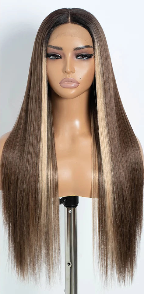 Ombre Brown Highlight Long Straight Synthetic Lace Front Wigs