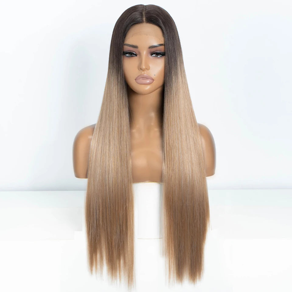 Brown Ombre Brown Highlight Long Straight Synthetic Lace Front Wigs