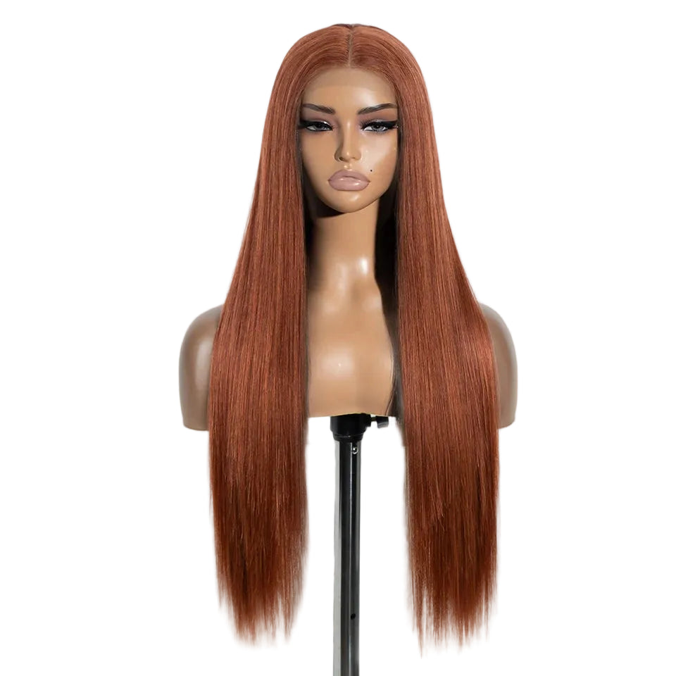 Red Ombre Brown Highlight Long Straight Synthetic Lace Front Wigs