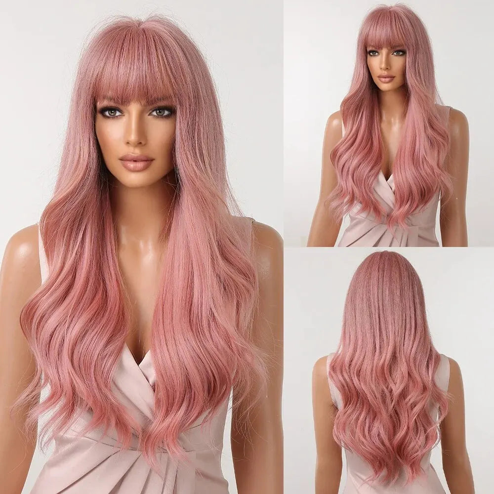 Pink Long Wavy Synthetic Wigs