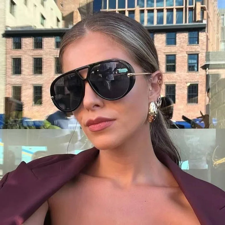 Model Using Outdoor Oversized Leopard Green Sunglasses
