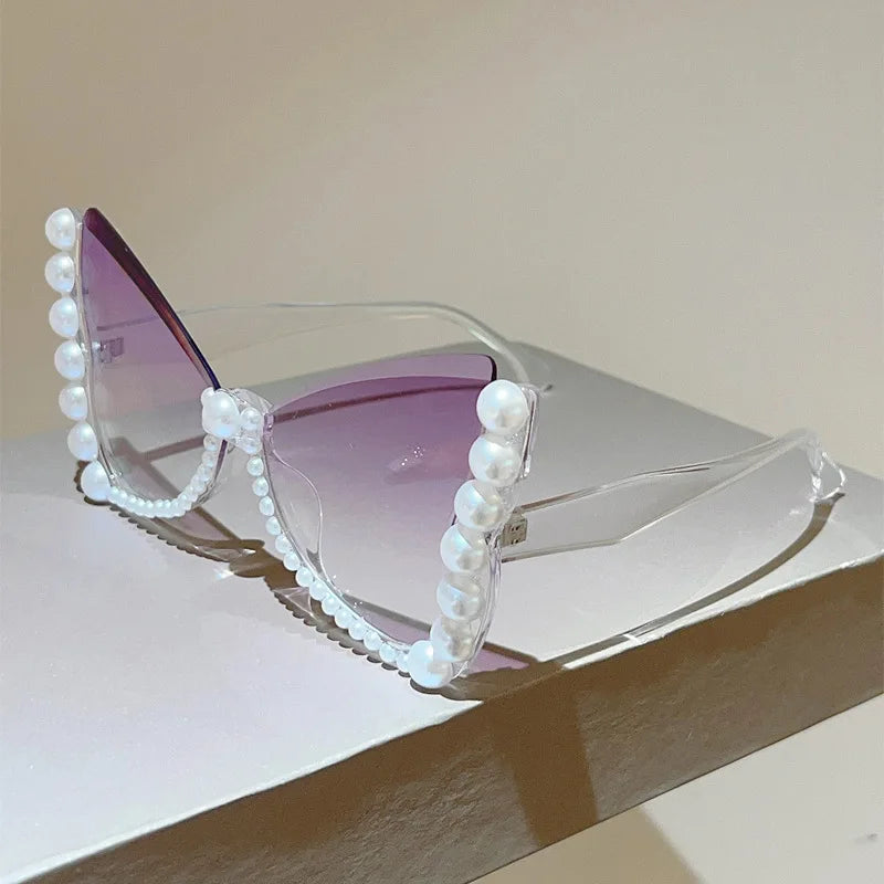 Purple Oversize Frameless Pearl Cat Eye Sunglasses
