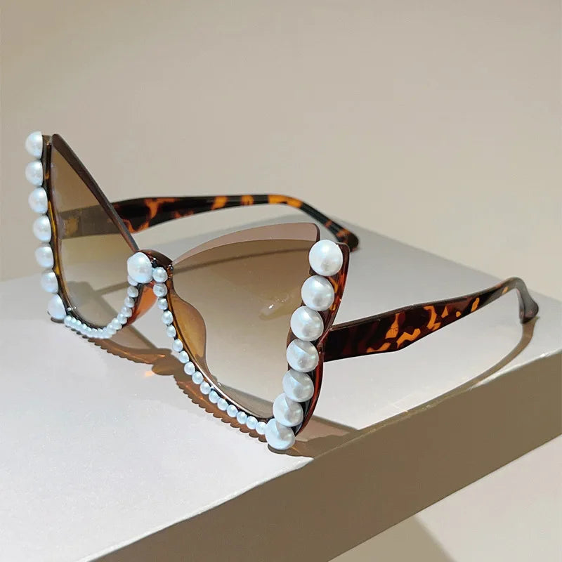 Leopard Oversize Frameless Pearl Cat Eye Sunglasses