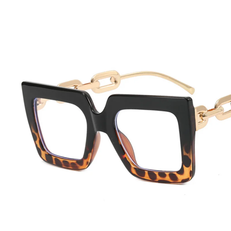 Black Leopard Oversize Hyperopia Chain Frame Clear Lens Eyewear