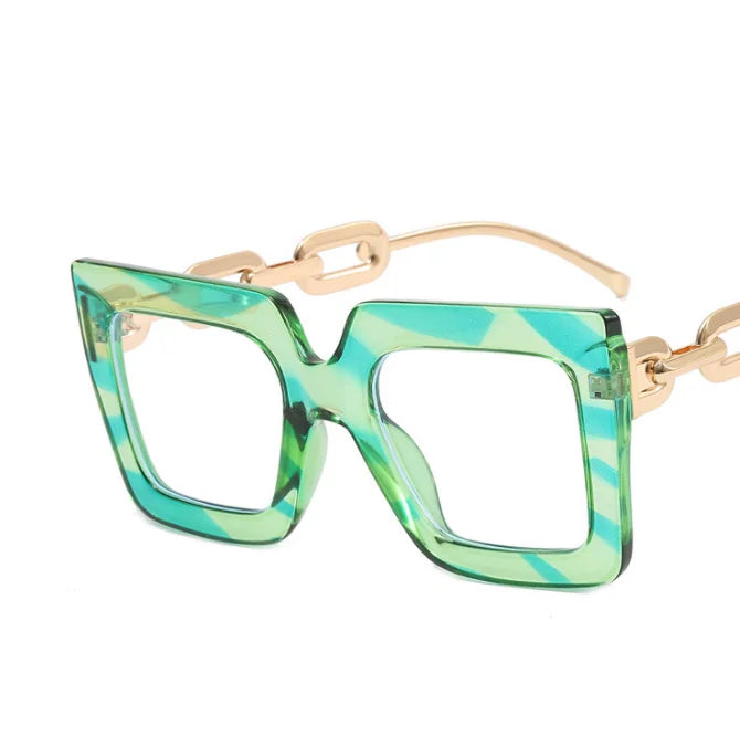 Green Oversize Hyperopia Chain Frame Clear Lens Eyewear
