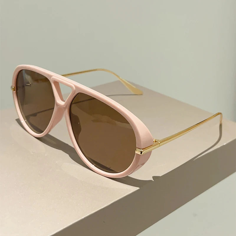 Beige Oversized Double Bridge Pilot Sunglasses