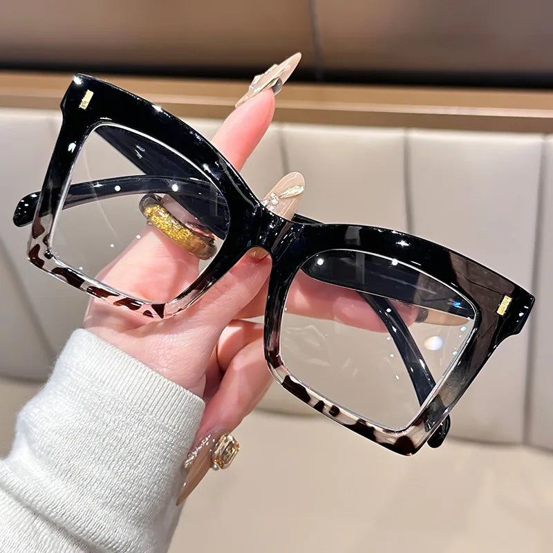 Black Oversized Frame Leopard Print Blocking Blue Light Eyeglasses