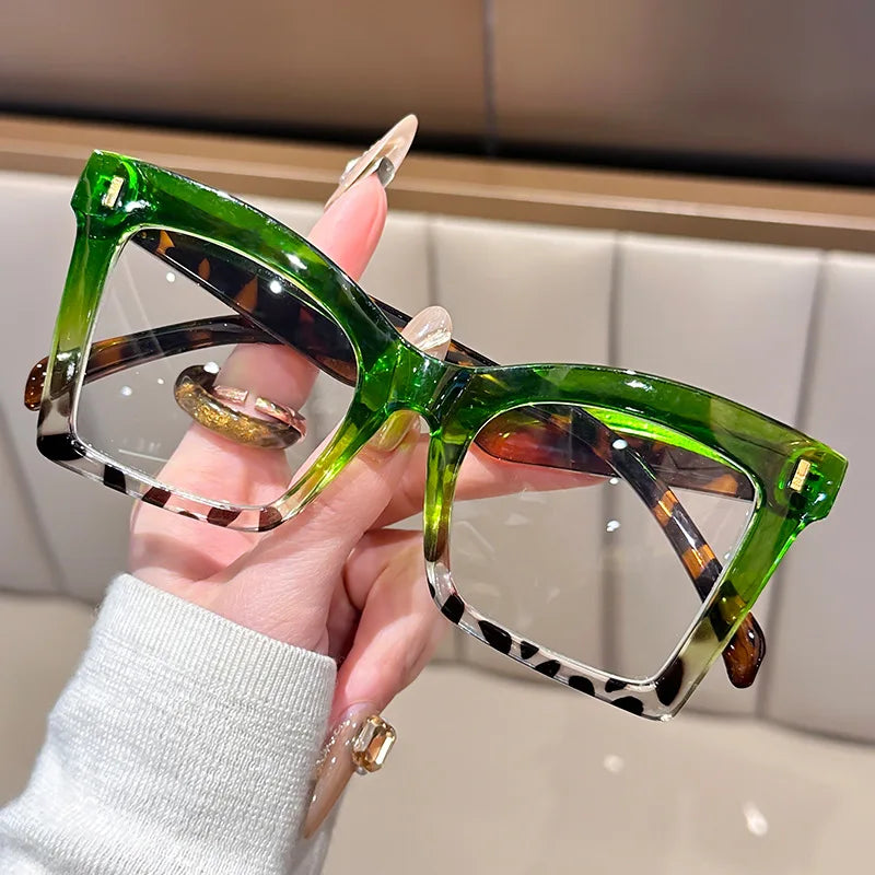 Green Oversized Frame Leopard Print Blocking Blue Light Eyeglasses
