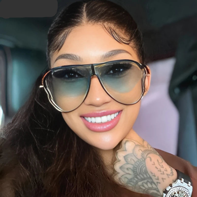 model using Oversized One-Piece Pilot Punk Sunglasses