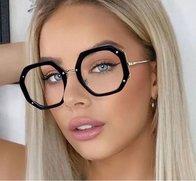 Model Using Oversized Polygon Frames Computer Glasses