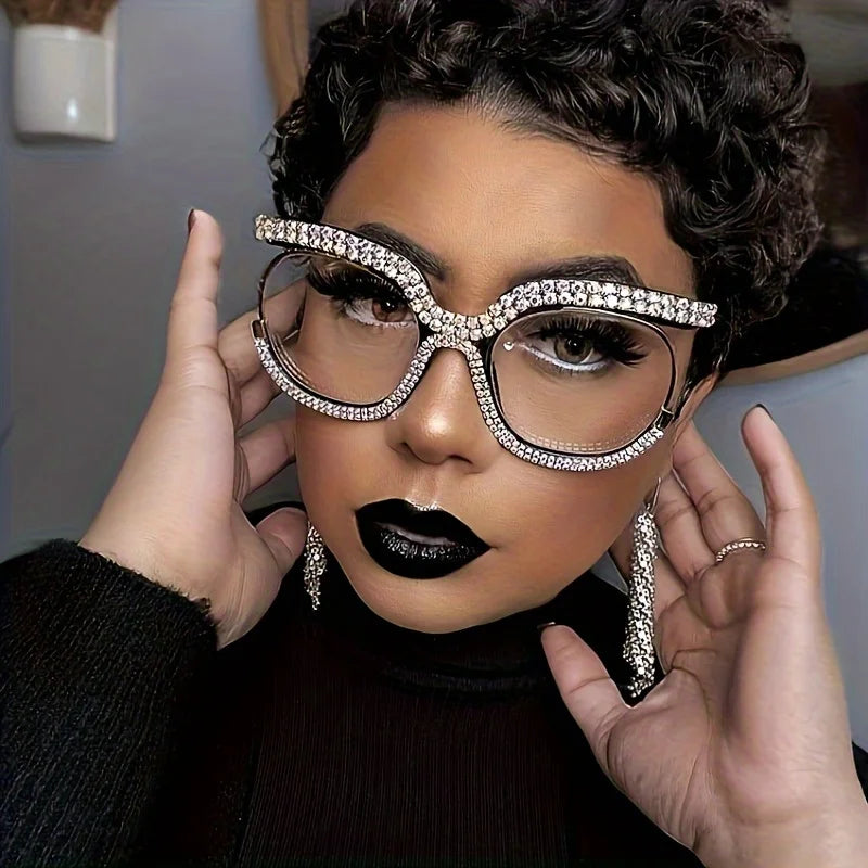 model using Oversized Rhinestone Fashion Glasses