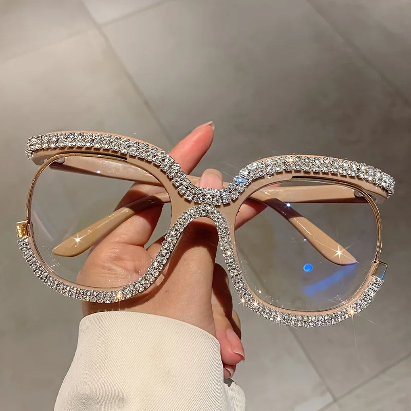 beige Oversized Rhinestone Fashion Glasses