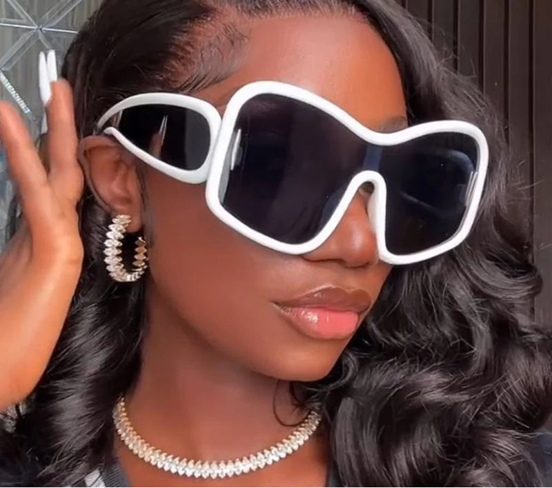 model using white Oversized Shield Sunglasses