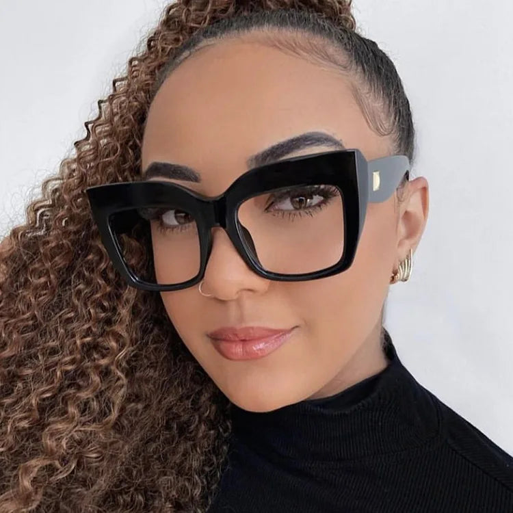 Model Using Oversized Square Reading Glasses Blue Light Eyeglasses