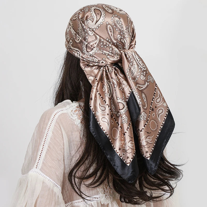 Brown Black Paisley Cashew Flower Print 90cm Square Silk Scarves