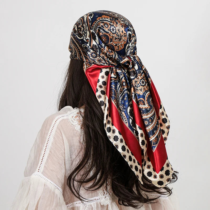 Blue Red Paisley Cashew Flower Print 90cm Square Silk Scarves