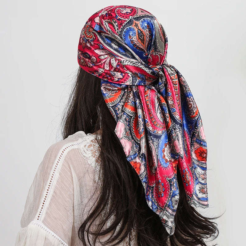 Red Blue Paisley Cashew Flower Print 90cm Square Silk Scarves