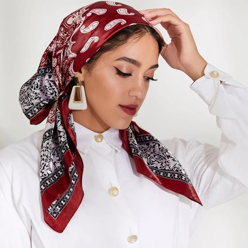Model Using Paisley Cashew Print 90*90cm Satin Square Scarf Hijab Silk Scarf Shawl