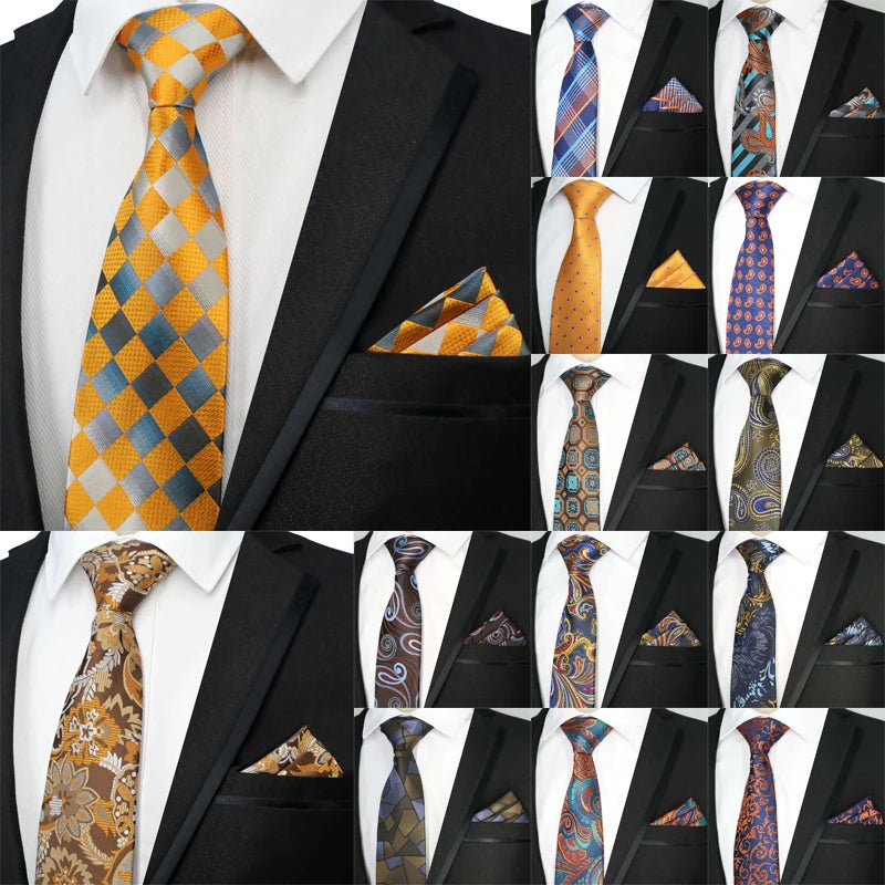 Collection of Paisley Floral Jacquard Brown Orange Necktie Hanky Sets