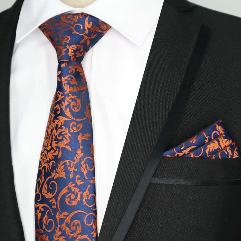 Paisley Floral Jacquard Brown Orange Necktie Hanky Sets